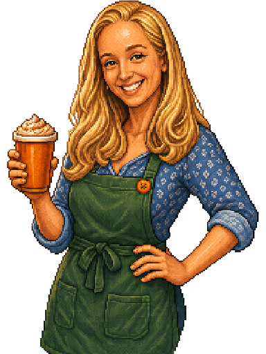 Pixel-art Jamie, smiling with her pumpkin spice latte